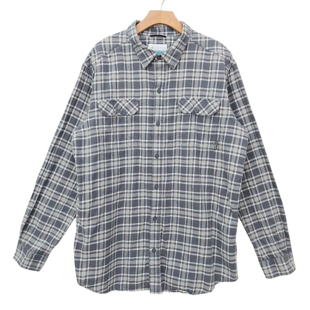 Columbia Mens XL Gray Flannel Shirt Plaid Omni-Wick Long Sleeve Cotton Travel